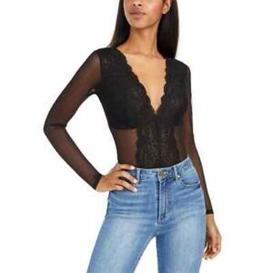 NWT INC Black Lace Mesh Sheer Bodysuit Long Sleeve Lingerie Top Small